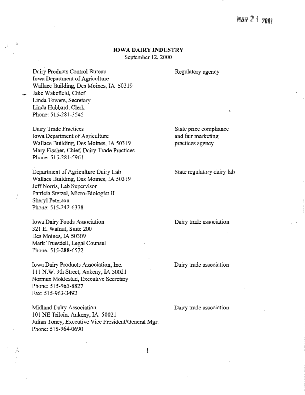 IOWA DAIRY INDUSTRY September 12,2000 Dairy Products Control Bureau Iowa Department of Agriculture Wallace Building, Des Moines