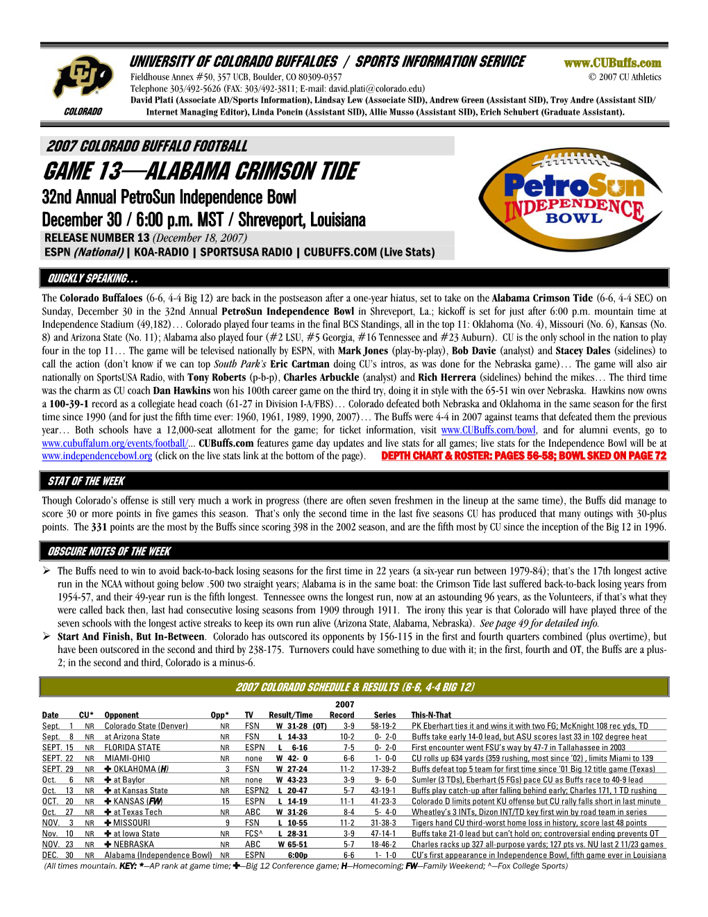 Game 13—ALABAMA CRIMSON TIDE 32Nd Annual Petrosun Independence Bowl December 30 / 6:00 P.M
