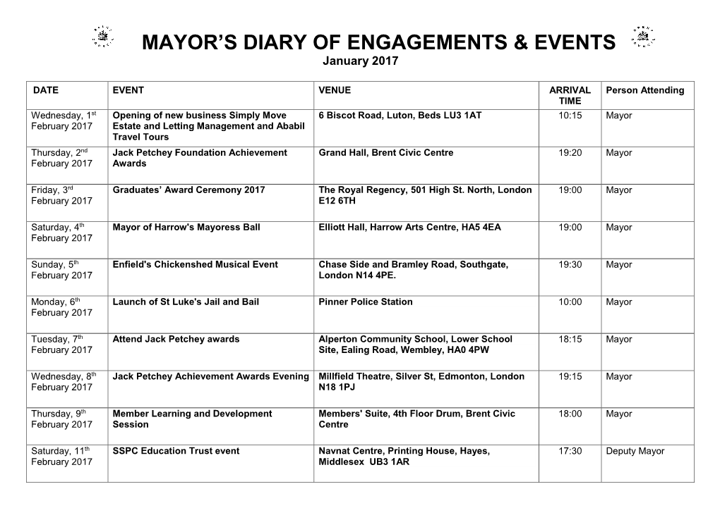 Mayor's Diary of Engagements & Events