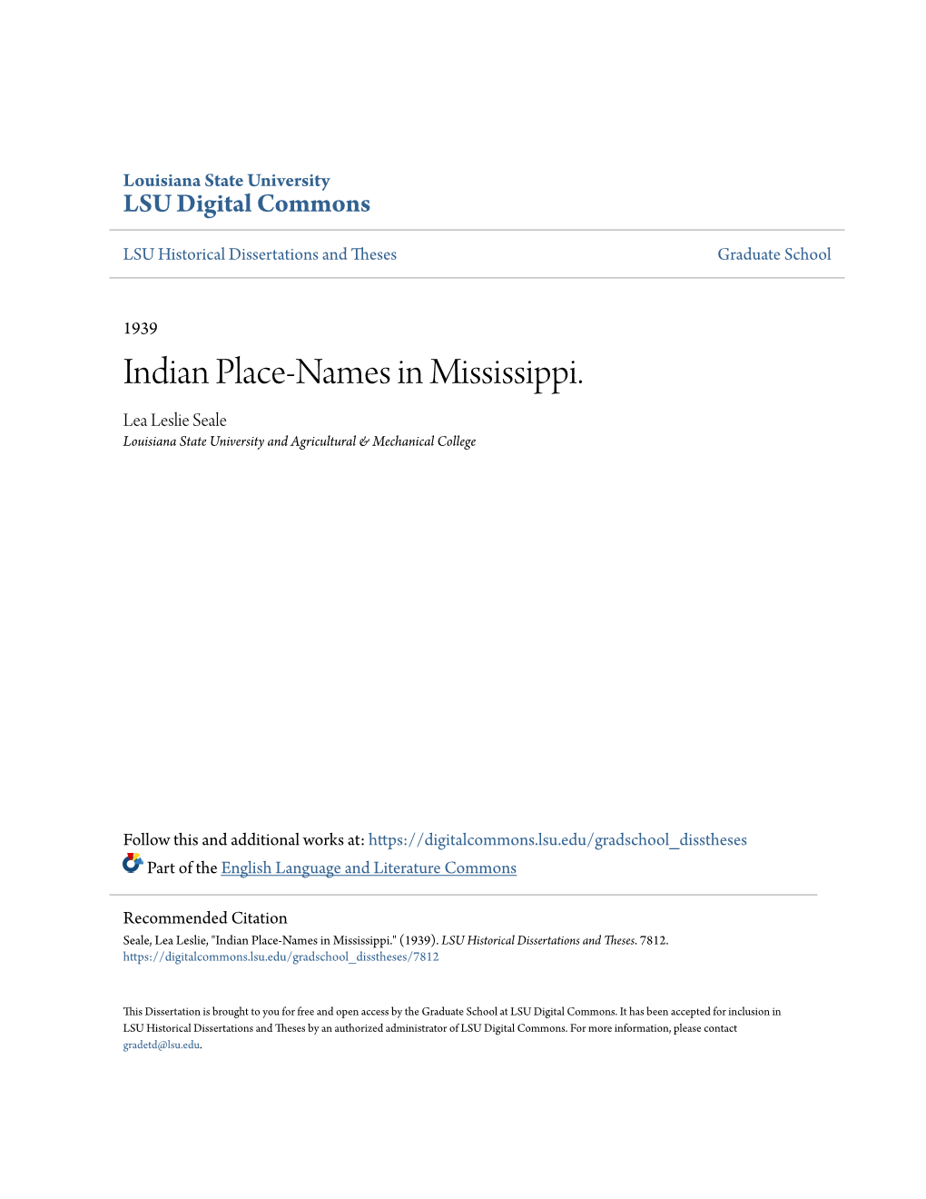 Indian Place-Names in Mississippi. Lea Leslie Seale Louisiana State University and Agricultural & Mechanical College