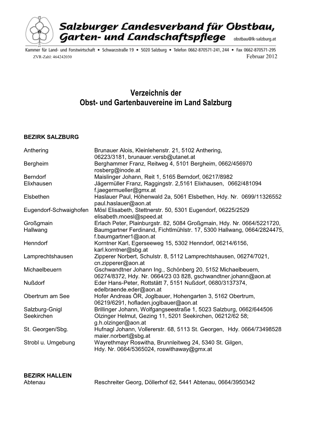 Verzeichnis Der Obst- Und Gartenbauvereine Im Land Salzburg