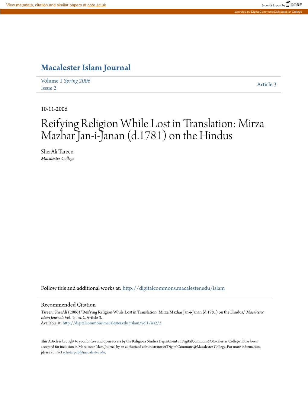 Mirza Mazhar Jan-I-Janan (D.1781) on the Hindus Sherali Tareen Macalester College