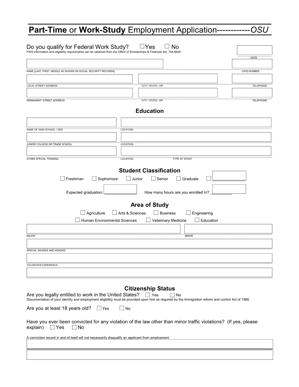 Part-Time Or Work-Study Employment Application OSU