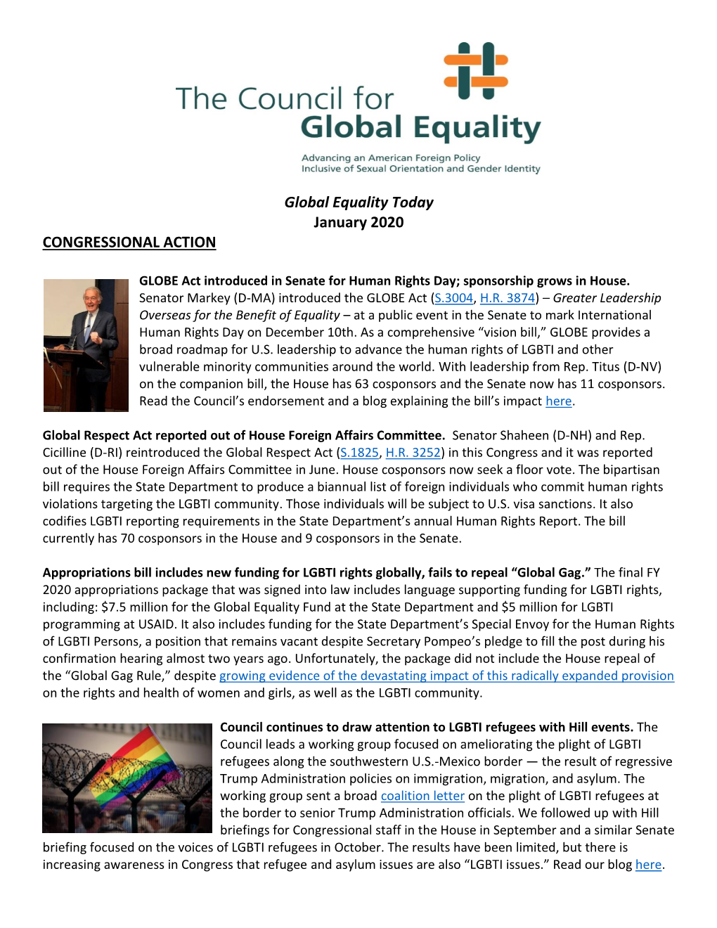 Global Equality Today January 2020 CONGRESSIONAL ACTION
