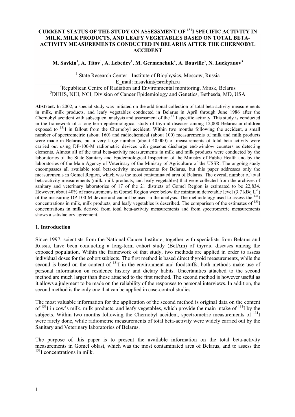 1 Current Status of the Study on Assessment of 131I Specific Activity in Milk, Milk Products, and Leafy Vegetables Based on Tota