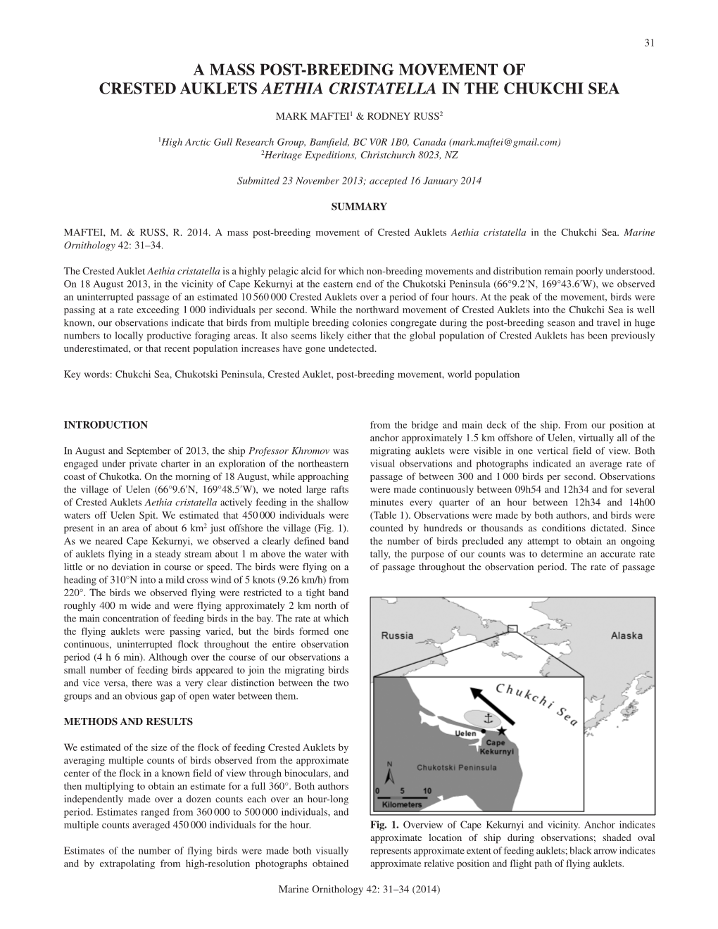 A Mass Post-Breeding Movement of Crested Auklets Aethia Cristatella in the Chukchi Sea