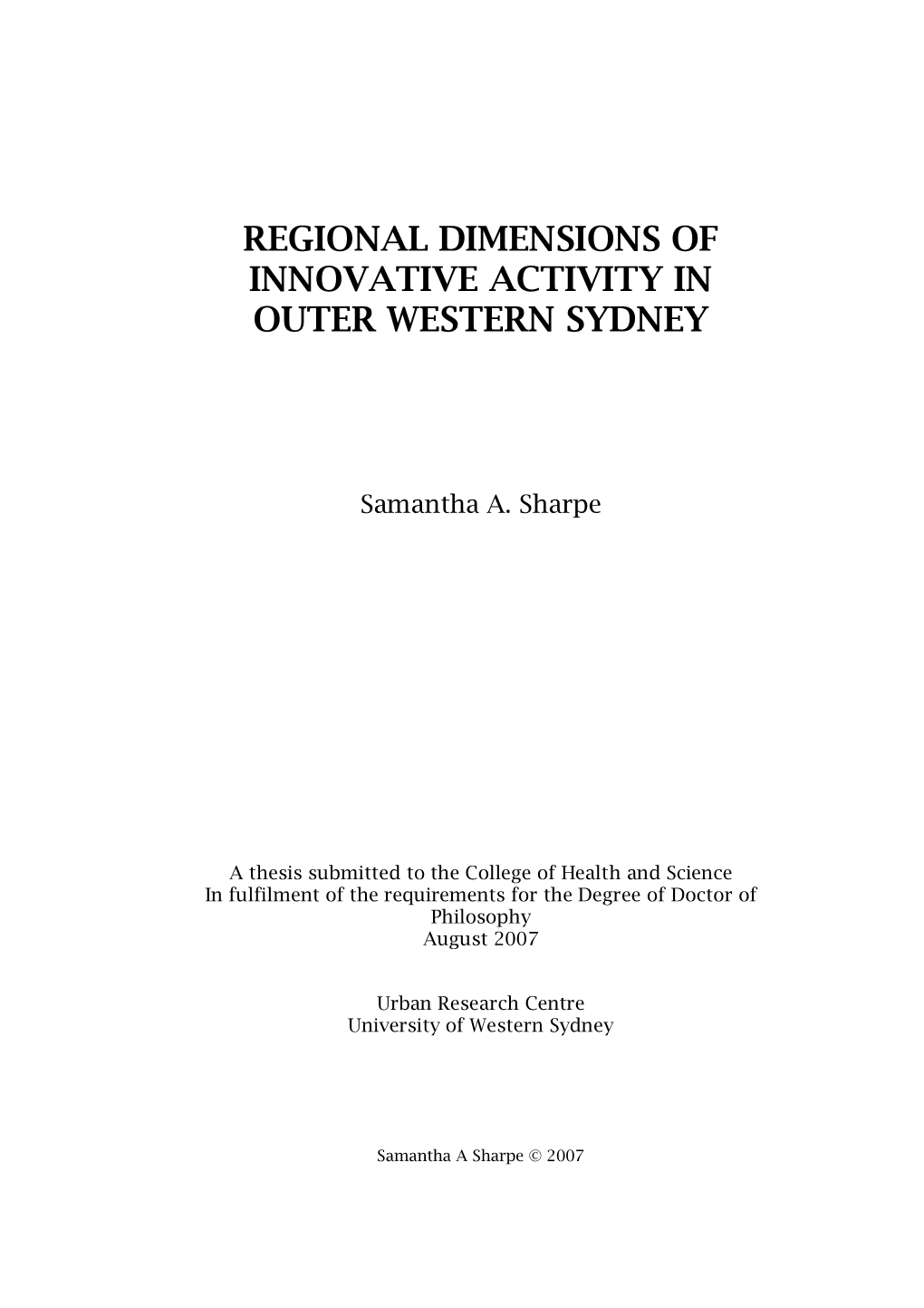Regional Dimensions of Innovative Activity in Outer Western Sydney