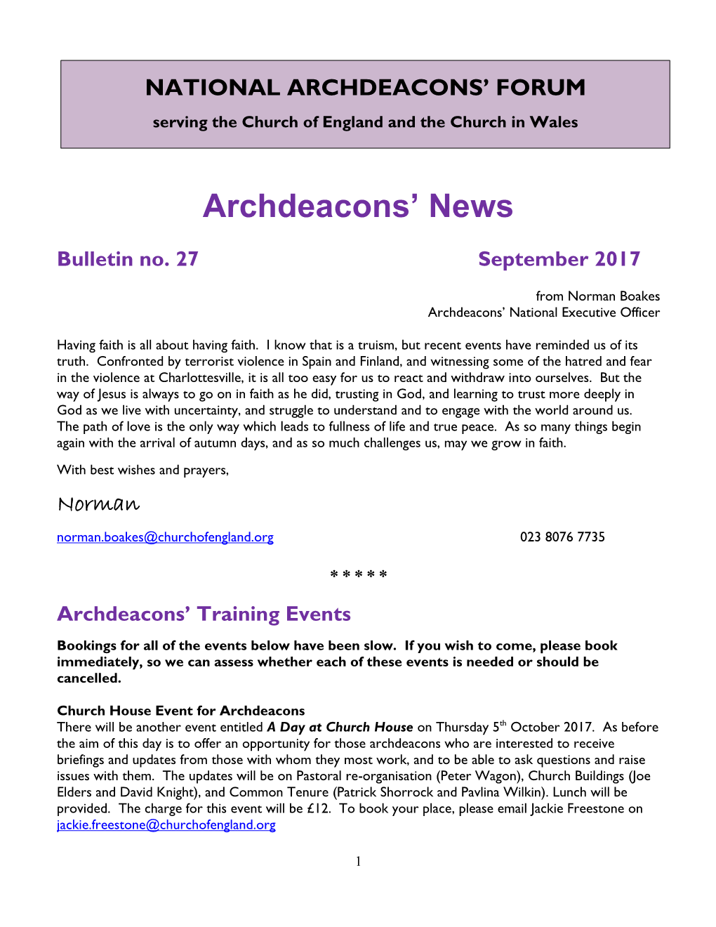 National Archdeacons' Forum Mailing