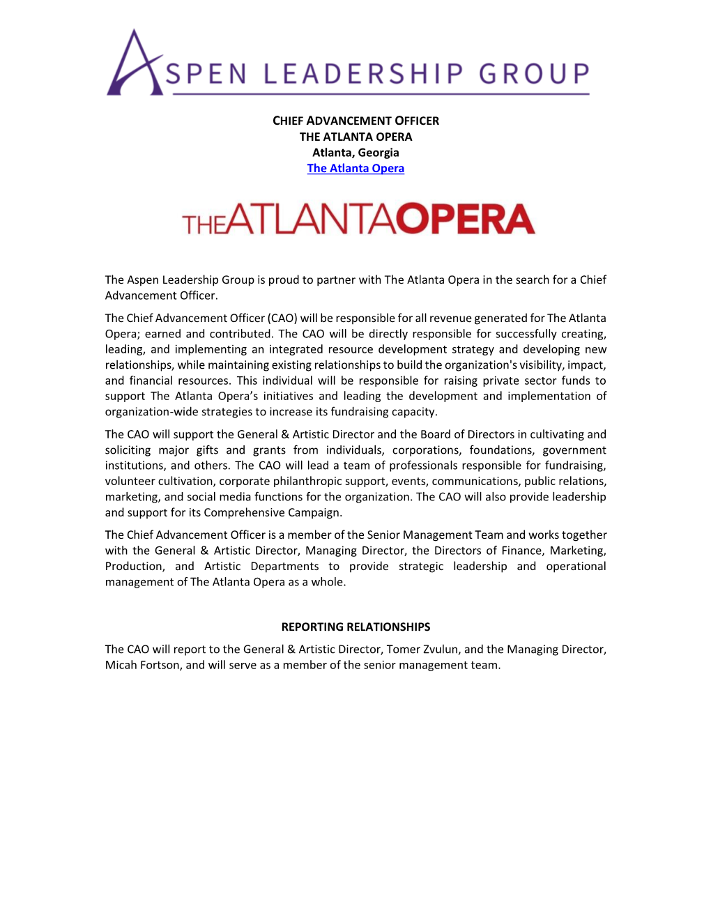 CHIEF ADVANCEMENT OFFICER the ATLANTA OPERA Atlanta, Georgia the Atlanta Opera