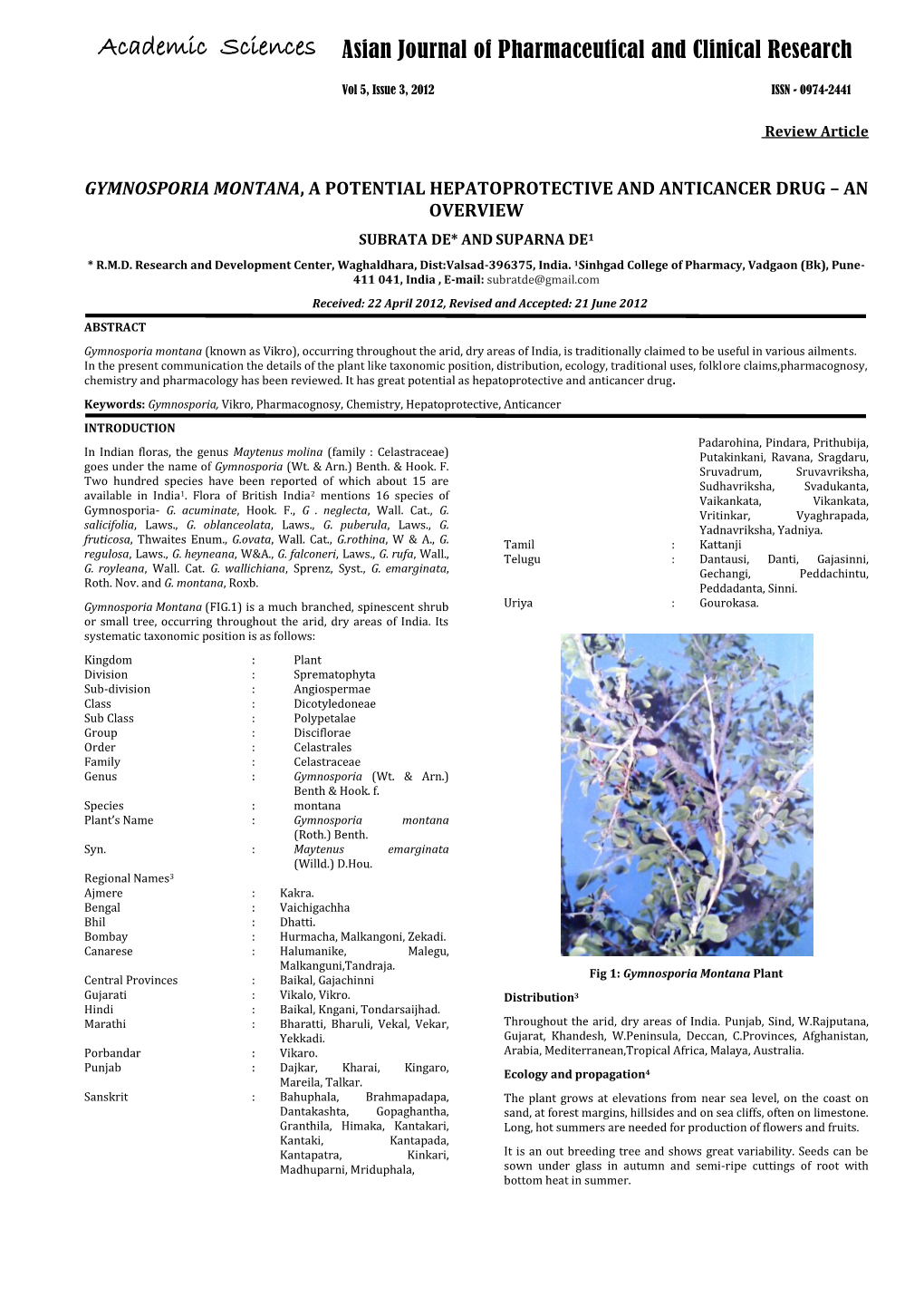 Gymnosporia Montana, a Potential Hepatoprotective and Anticancer Drug