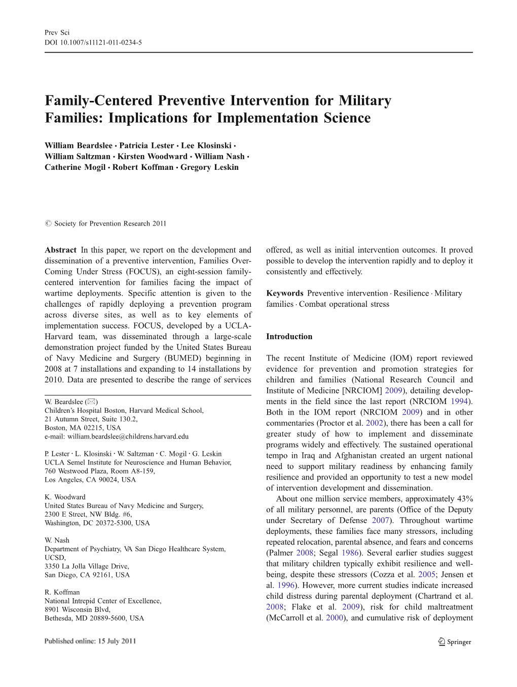 Family-Centered Preventive Intervention for Military Families: Implications for Implementation Science