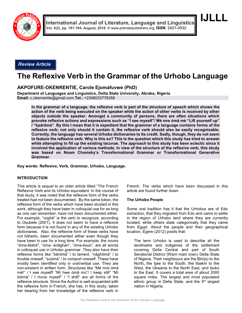 The Reflexive Verb in the Grammar of the Urhobo Language