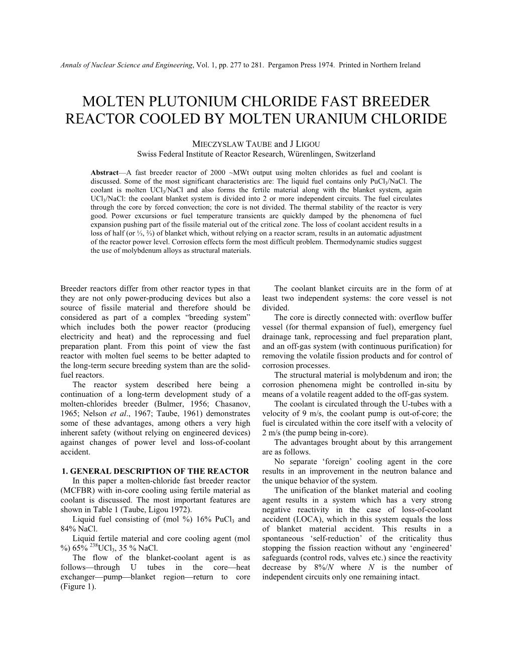 Molten Plutonium Chloride Fast Breeder Reactor Cooled by Molten Uranium Chloride