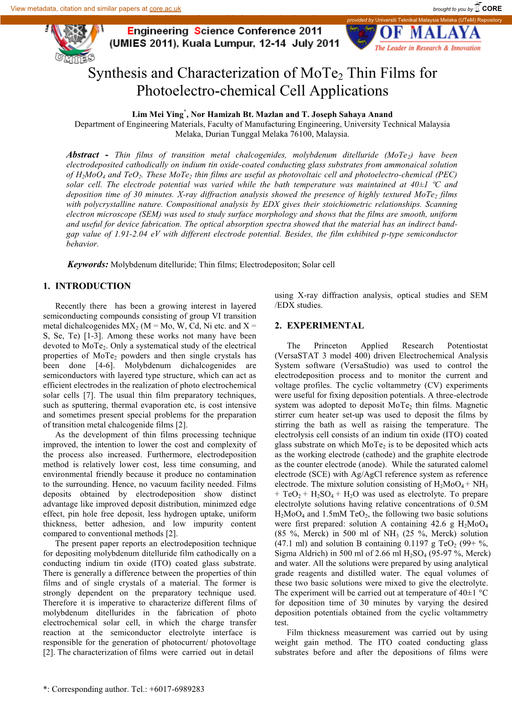 Synthesis and Characterization of Mote2 Thin Films for Photoelectro-Chemical Cell Applications