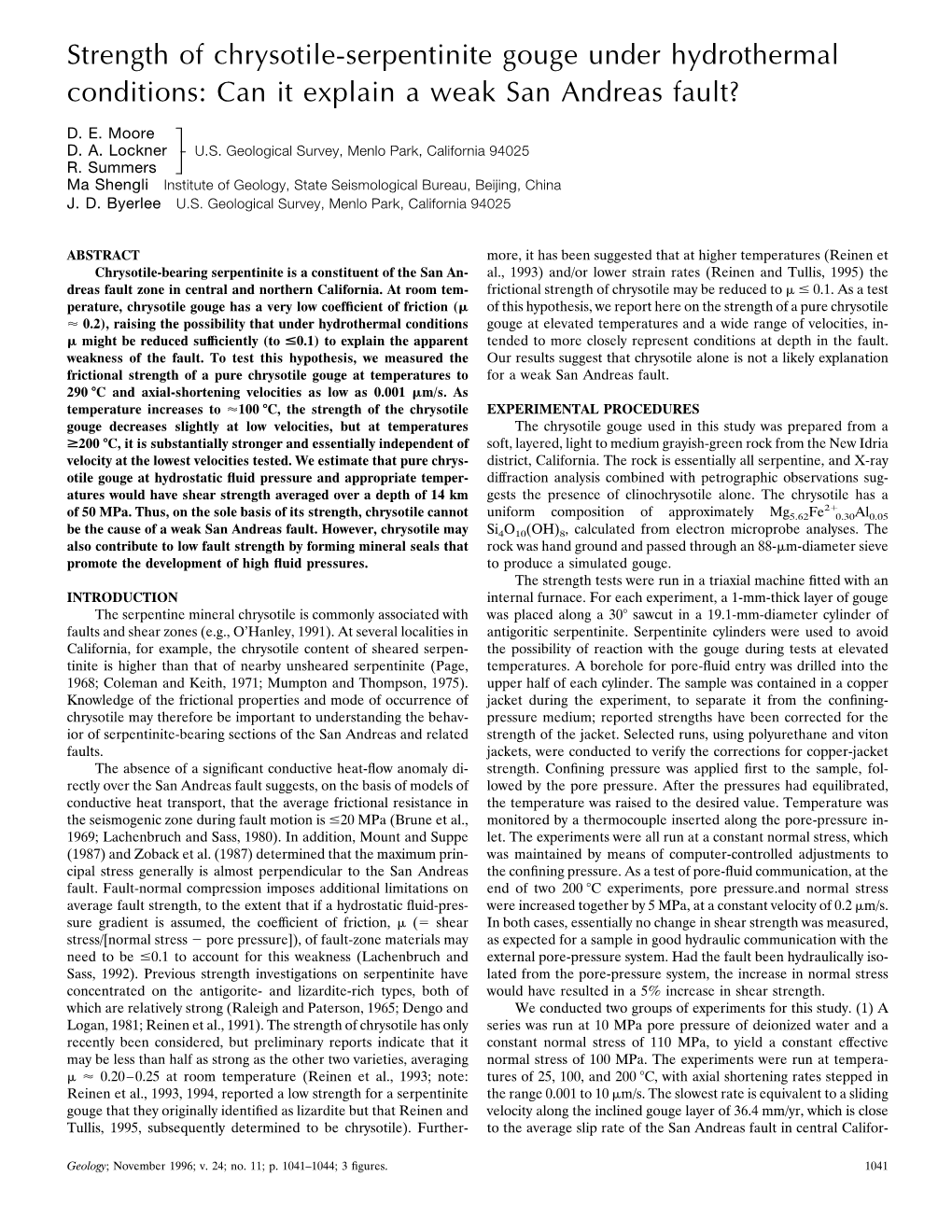 Strength of Chrysotile-Serpentinite Gouge Under Hydrothermal Conditions: Can It Explain a Weak San Andreas Fault?