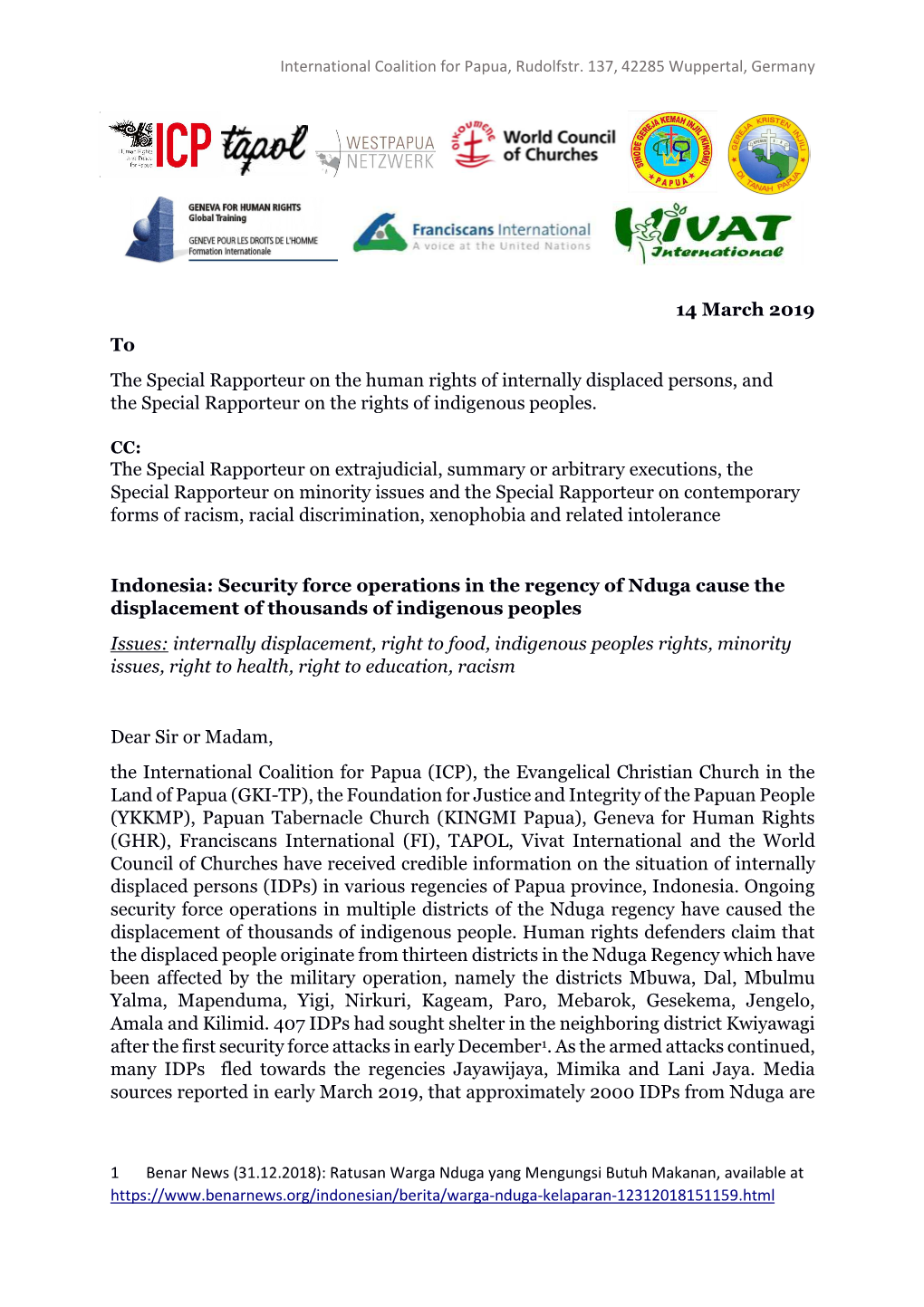 Joint Submission Indig. Idps of Nduga West Papua Indonesia March 2019