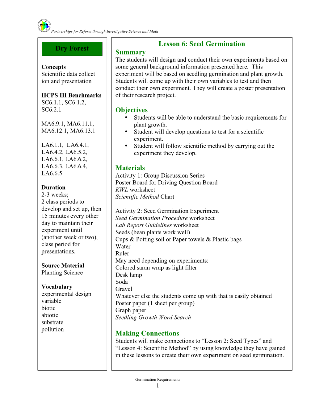 Lesson 6: Seed Germination Summary Objectives Materials