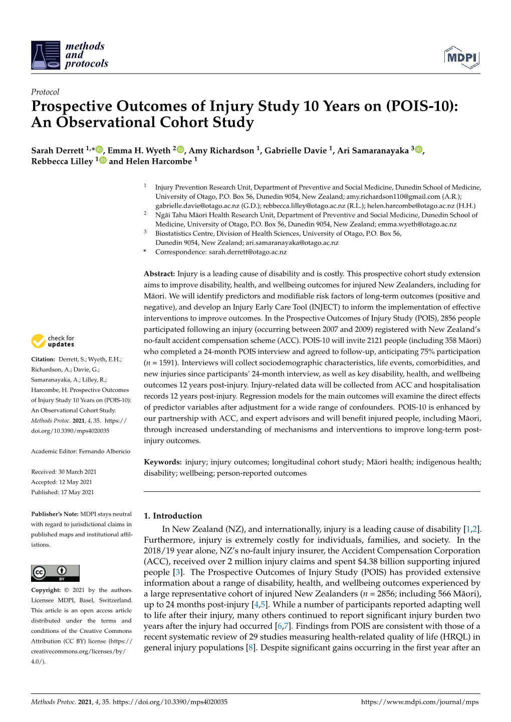 Prospective Outcomes of Injury Study 10 Years on (POIS-10): an Observational Cohort Study