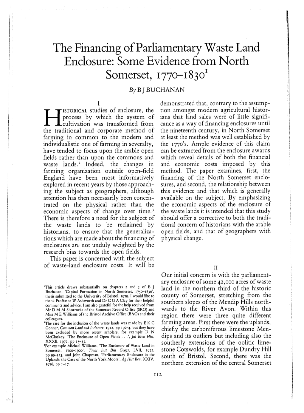 The Financing of Parliamentary Waste Land Enclosure: Some Evidence from North Somerset, 177O-I 83 O I