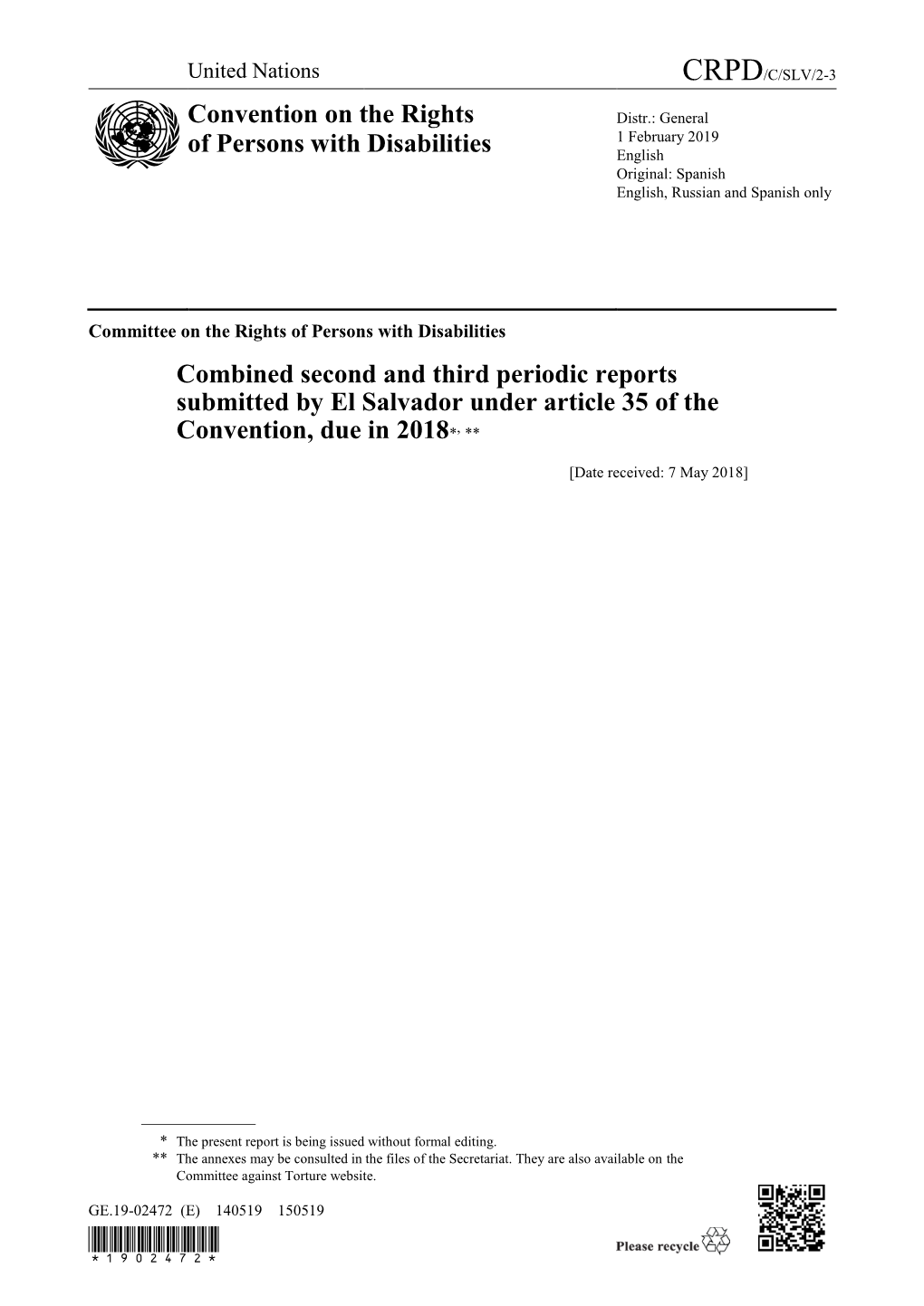 Combined Second and Third Periodic Reports Submitted by El Salvador Under Article 35 of the Convention, Due in 2018*, **