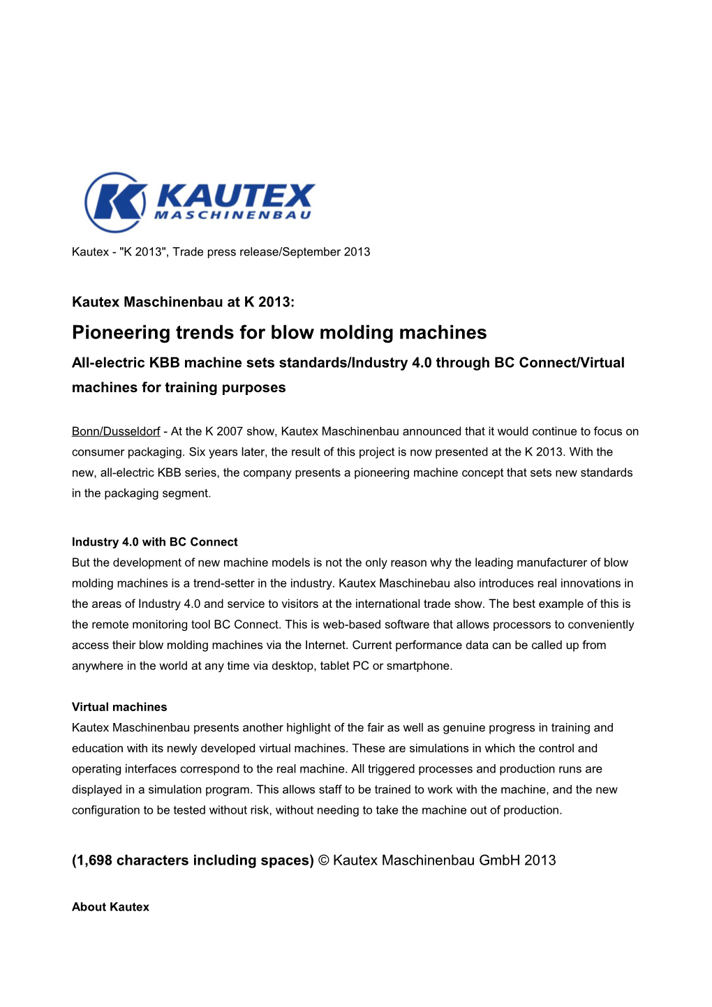 Kautex Maschinenbau at K 2013: Pioneering Trends for Blow Molding Machines