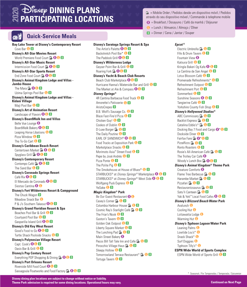 2020 Dining Plans Participating Locations