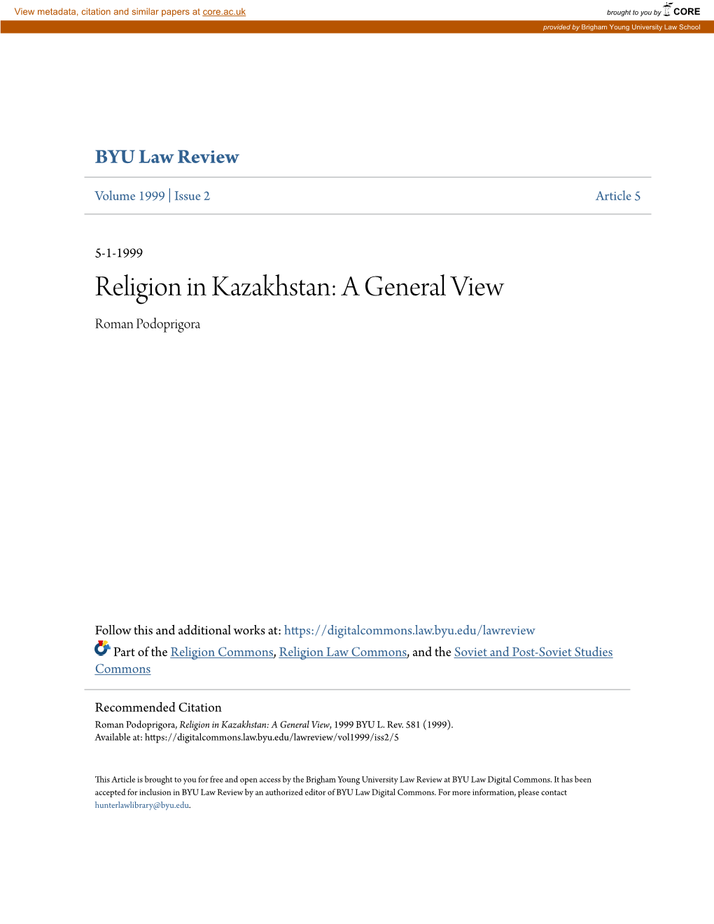 Religion in Kazakhstan: a General View Roman Podoprigora