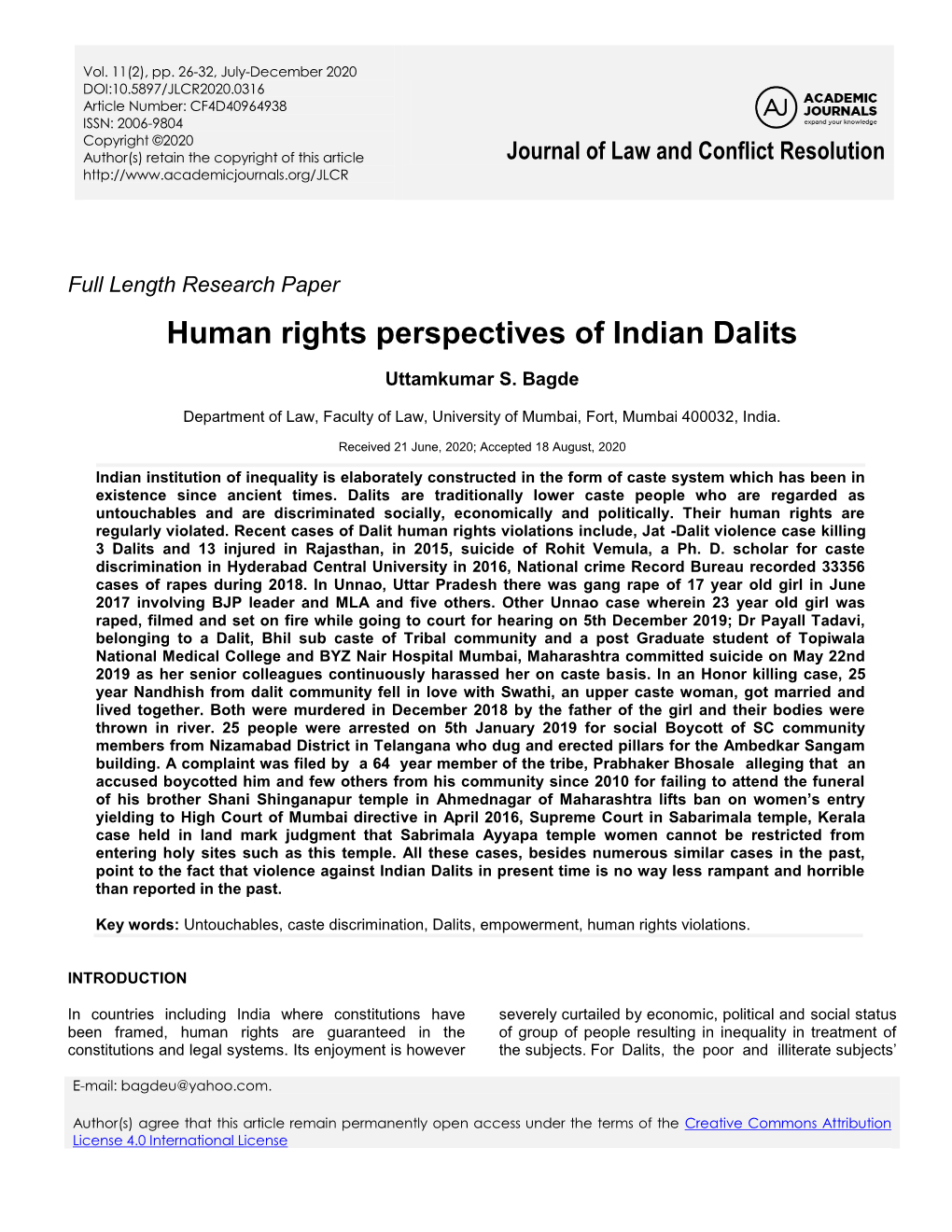 Human Rights Perspectives of Indian Dalits