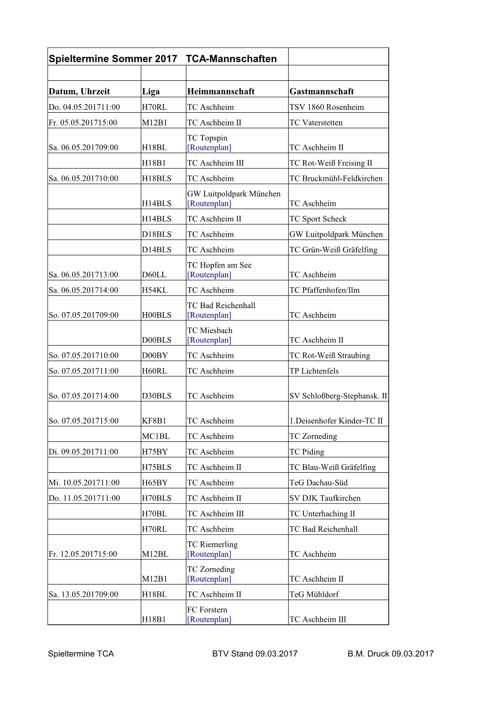 Spieltermine Sommer 2017 TCA-Mannschaften