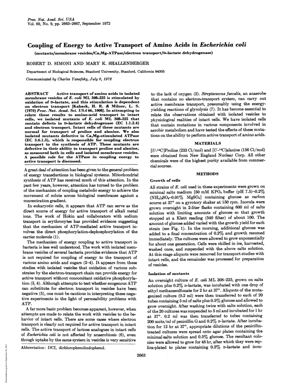 Coupling of Energy to Active Transport of Amino Acids in Escherichia Coli (Mutants/Membrane Vesicles/Ca,Mg-Atpase/Electron Transport/D-Lactate Dehydrogenase) ROBERT D