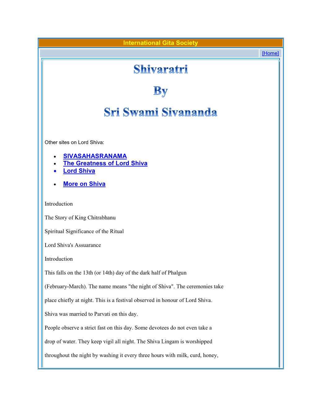 Bhagavad Gita:The Shivaratri and the Story of Lord Shiva