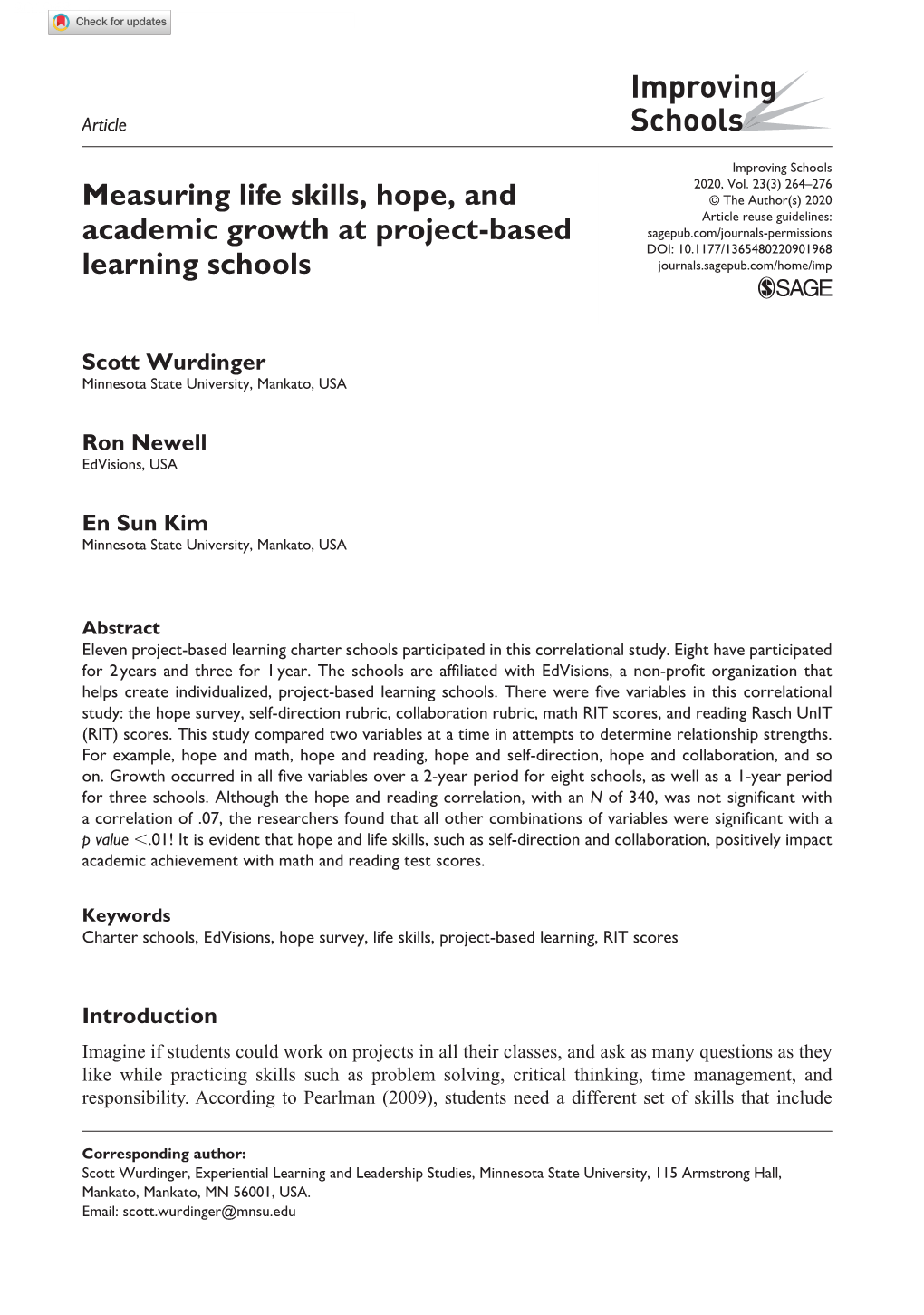 Measuring Life Skills, Hope, and Academic Growth At