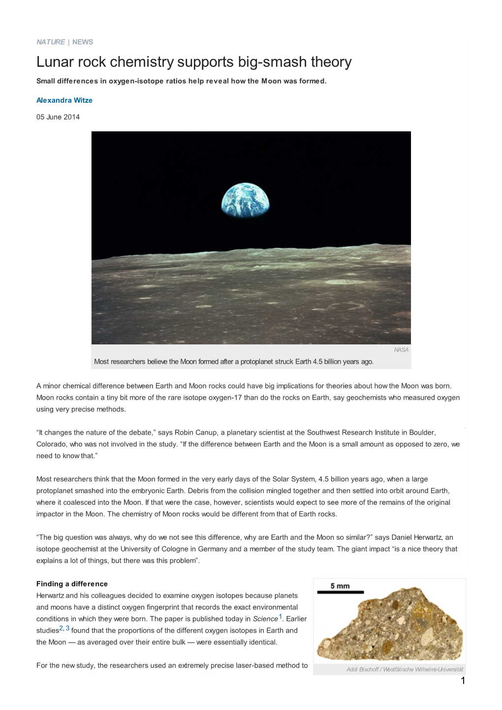 Lunar Rock Chemistry Supports Big-Smash Theory Small Differences in Oxygen-Isotope Ratios Help Reveal How the Moon Was Formed