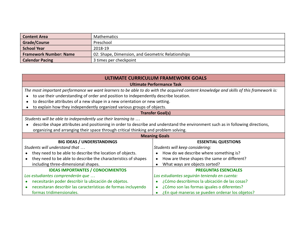 Shape, Dimension, and Geometric Relationships Calendar Pacing 3 Times Per Checkpoint