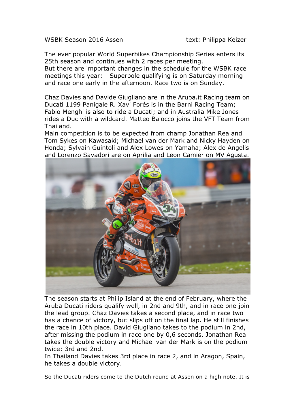 WSBK Season 2016 Assen Text: Philippa Keizer the Ever Popular