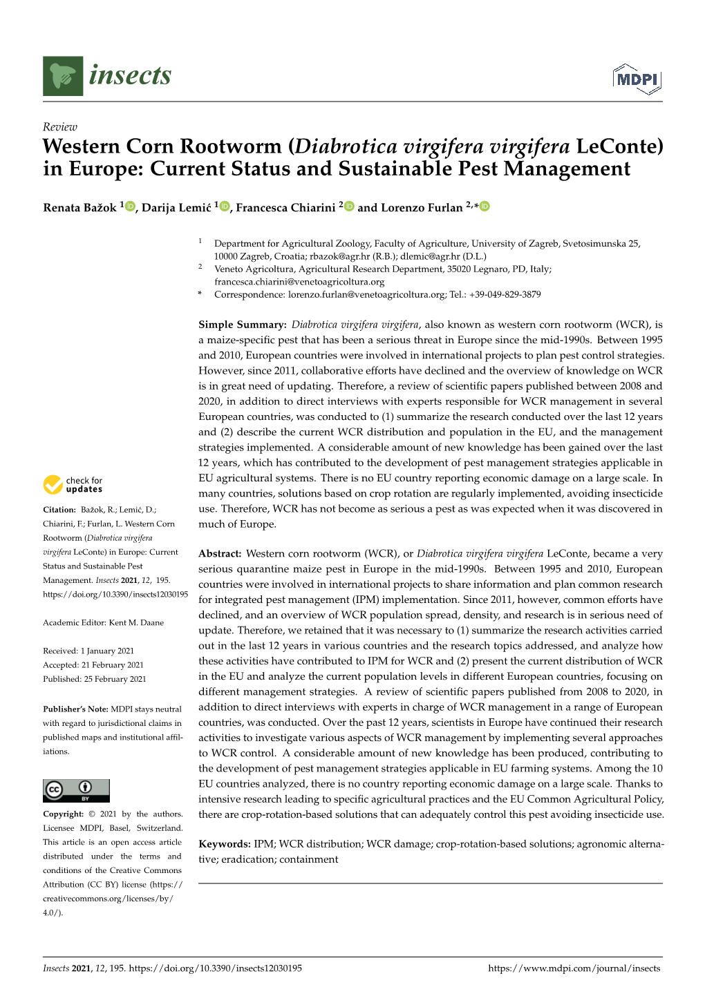 Western Corn Rootworm (Diabrotica Virgifera Virgifera Leconte) in Europe: Current Status and Sustainable Pest Management