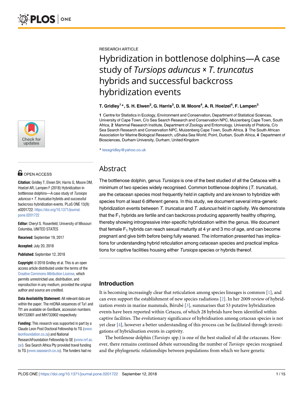 Hybridization in Bottlenose Dolphins—A Case Study of Tursiops Aduncus × T