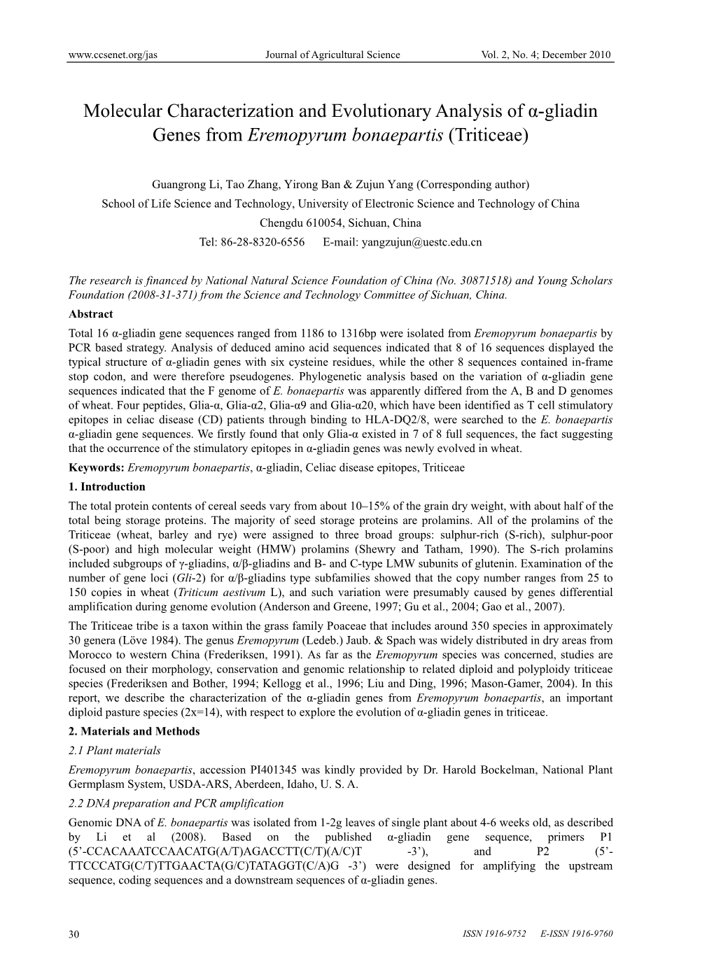 Molecular Characterization and Evolutionary Analysis of Α-Gliadin Genes from Eremopyrum Bonaepartis (Triticeae)