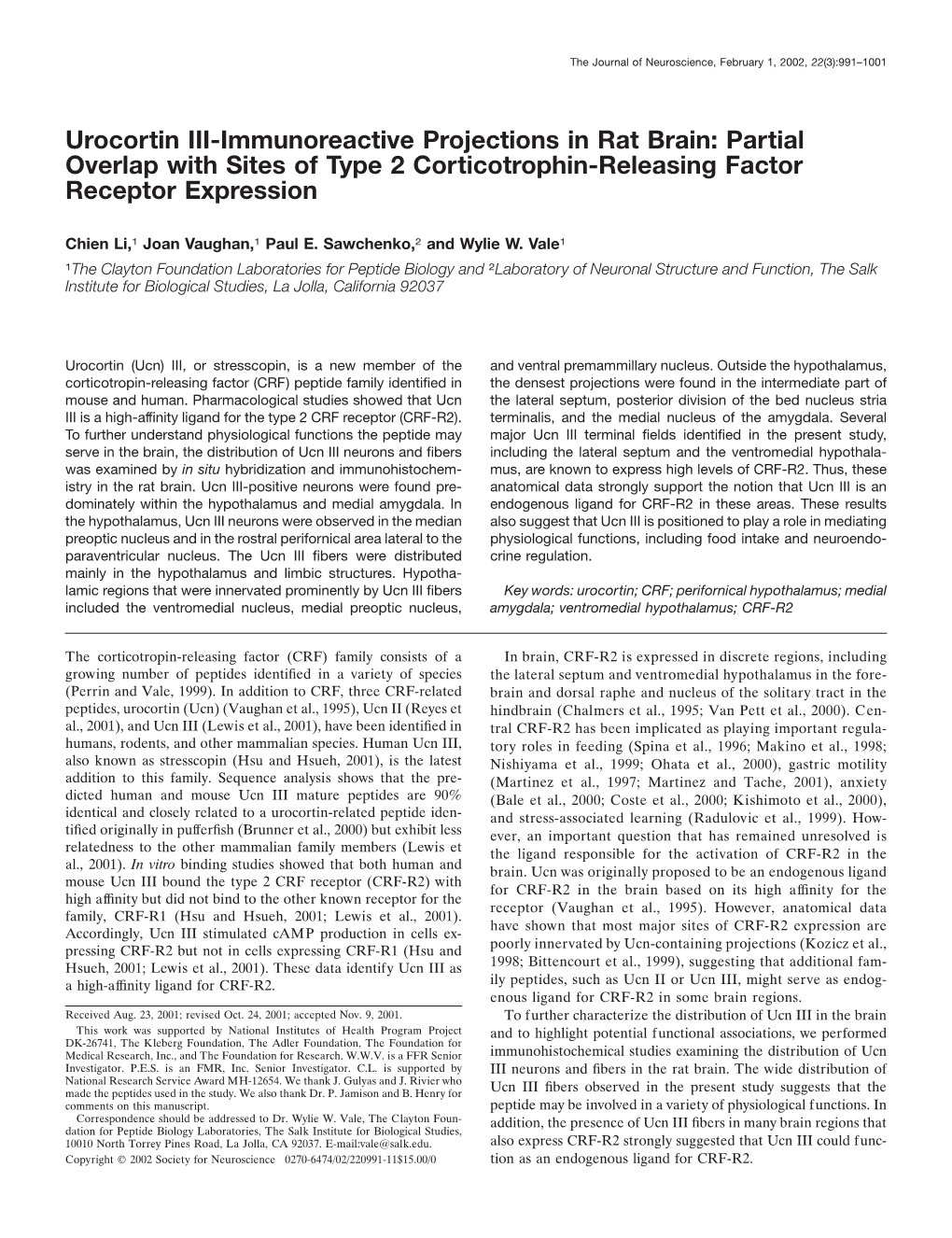 Urocortin III-Immunoreactive Projections in Rat Brain: Partial Overlap with Sites of Type 2 Corticotrophin-Releasing Factor Receptor Expression