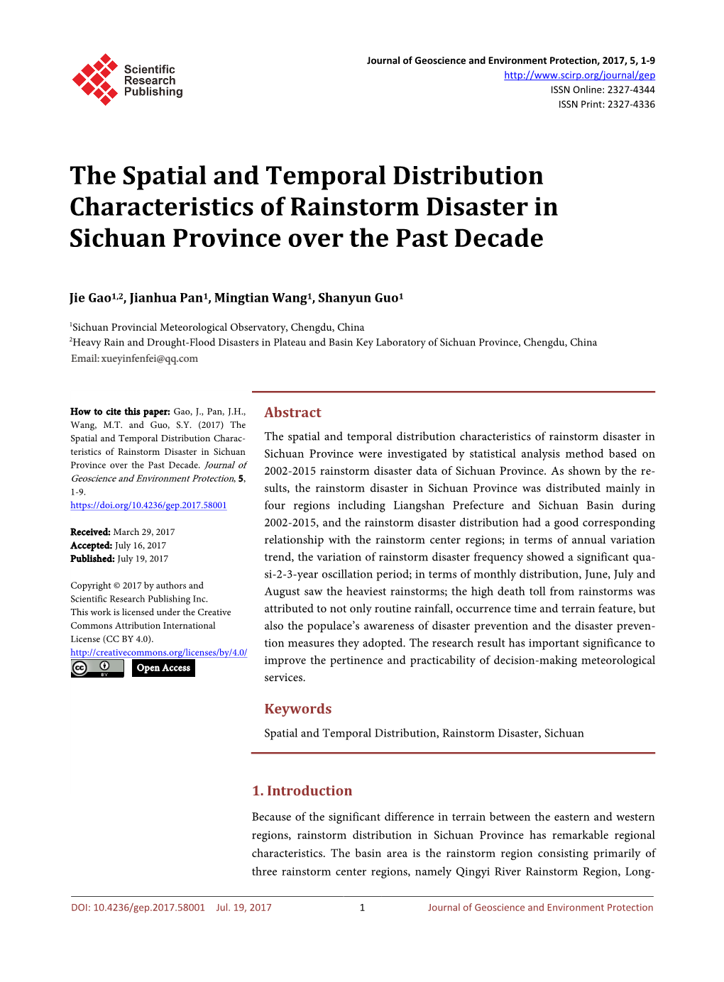 The Spatial and Temporal Distribution Characteristics of Rainstorm Disaster in Sichuan Province Over the Past Decade