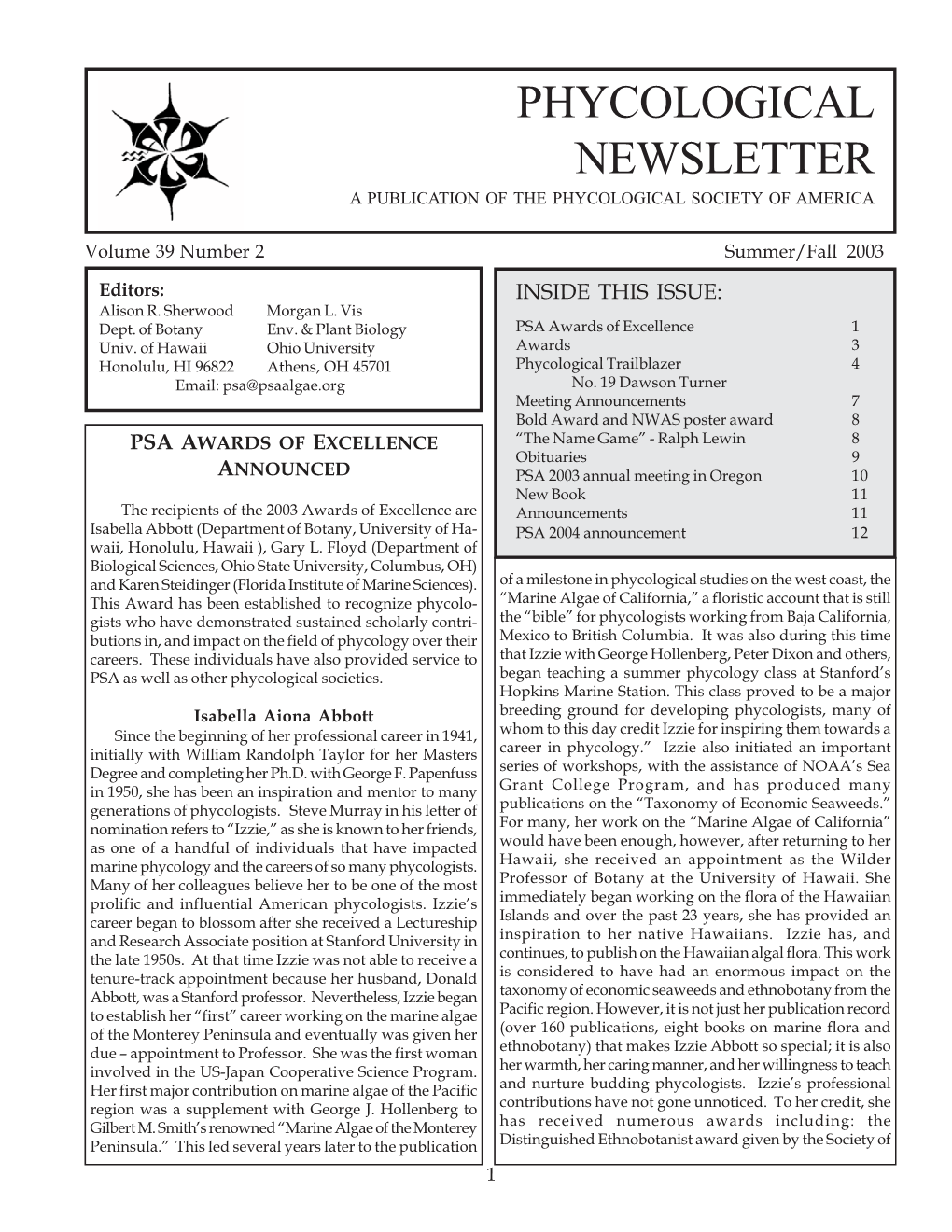 Phycological Newsletter a Publication of the Phycological Society of America