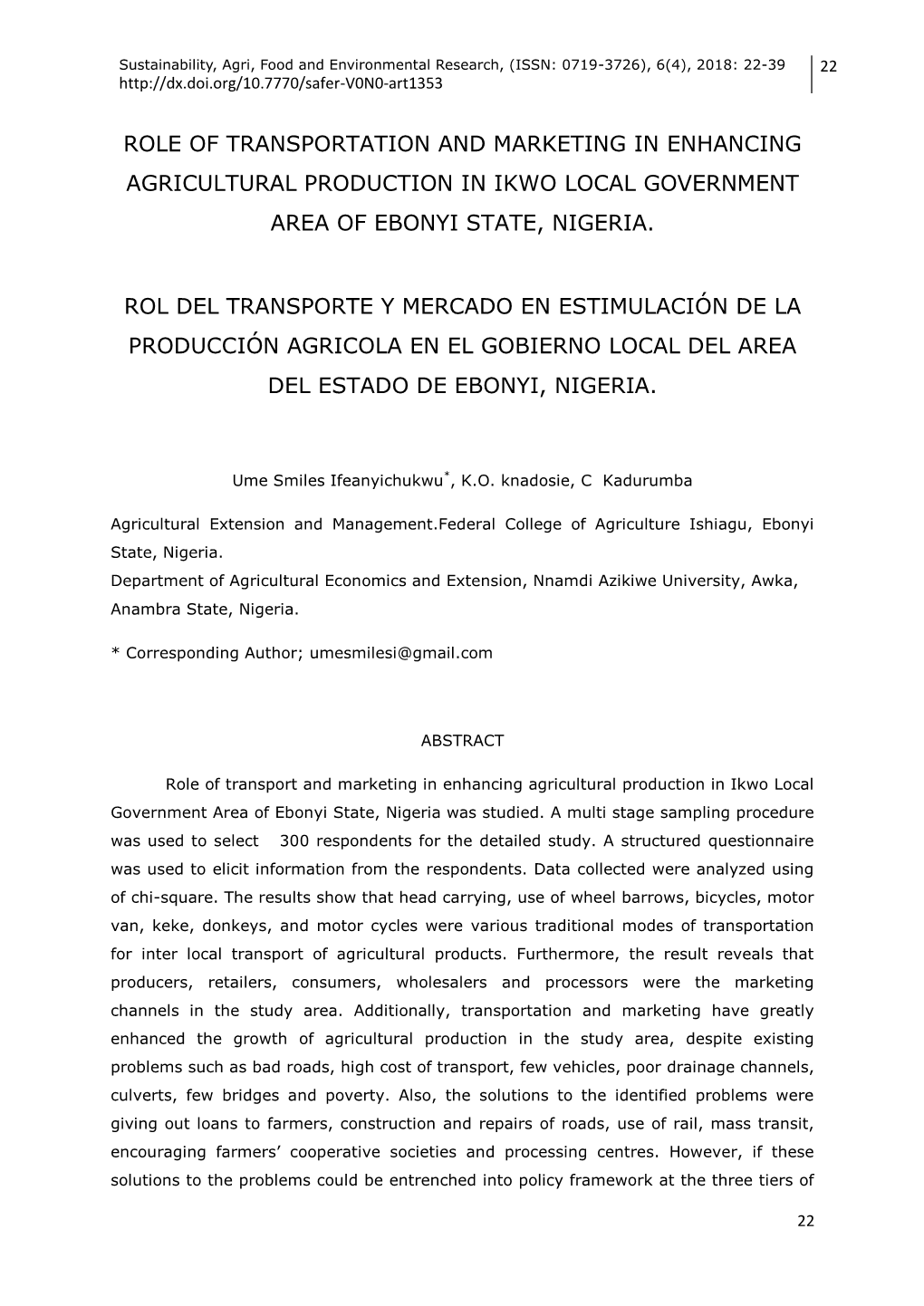 Role of Transportation and Marketing in Enhancing Agricultural Production in Ikwo Local Government Area of Ebonyi State, Nigeria
