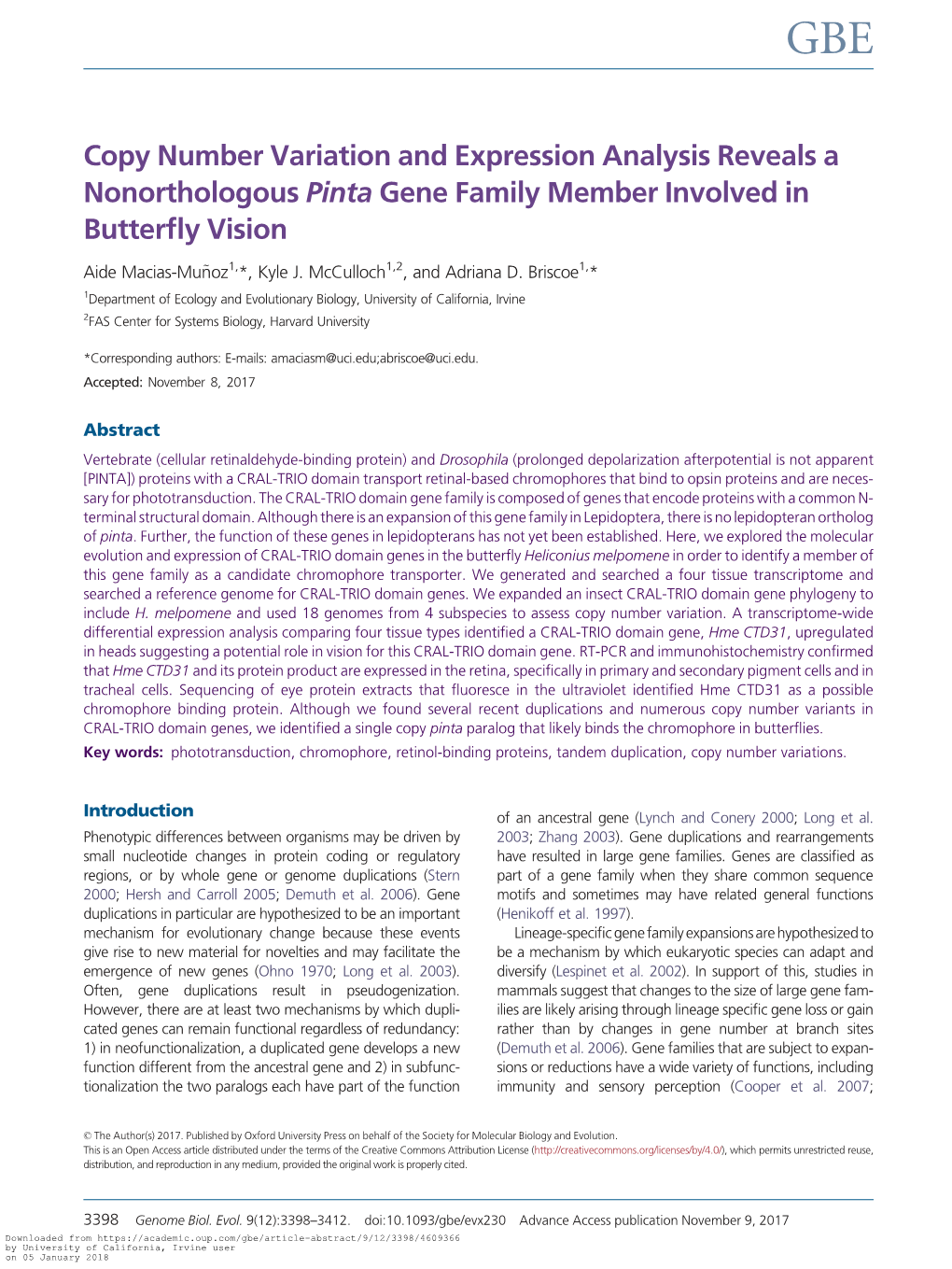 Copy Number Variation and Expression Analysis Reveals a Nonorthologous Pinta Gene Family Member Involved in Butterﬂy Vision