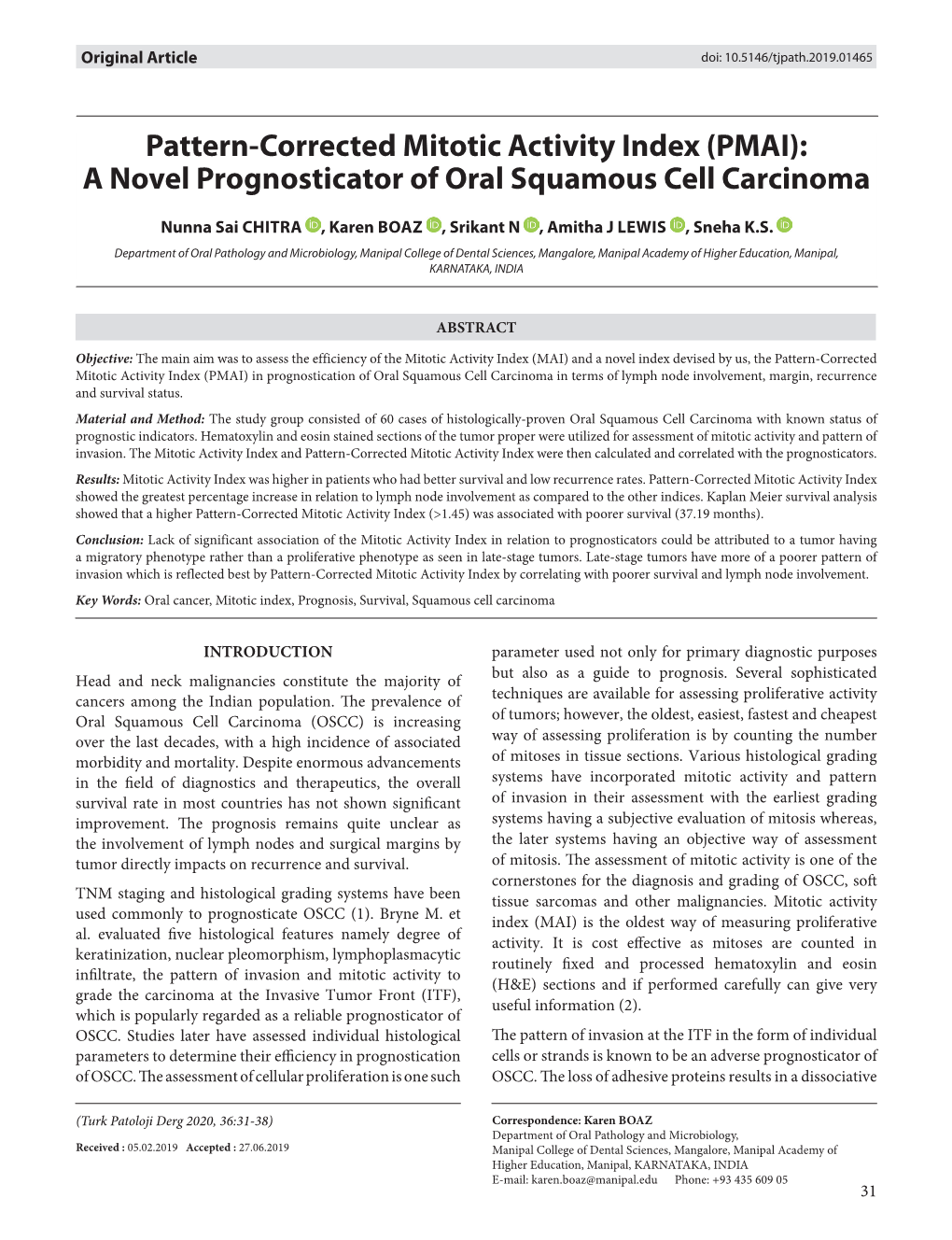 (PMAI): a Novel Prognosticator of Oral Squamous Cell Carcinoma