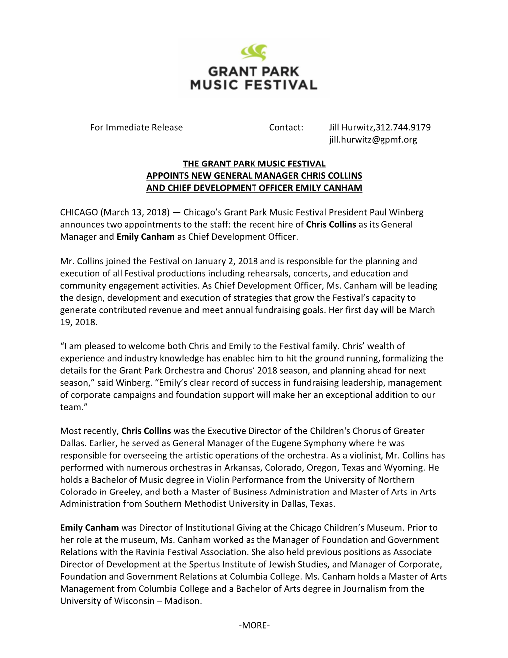 For Immediate Release Contact: Jill Hurwitz,312.744.9179 Jill.Hurwitz@Gpmf.Org