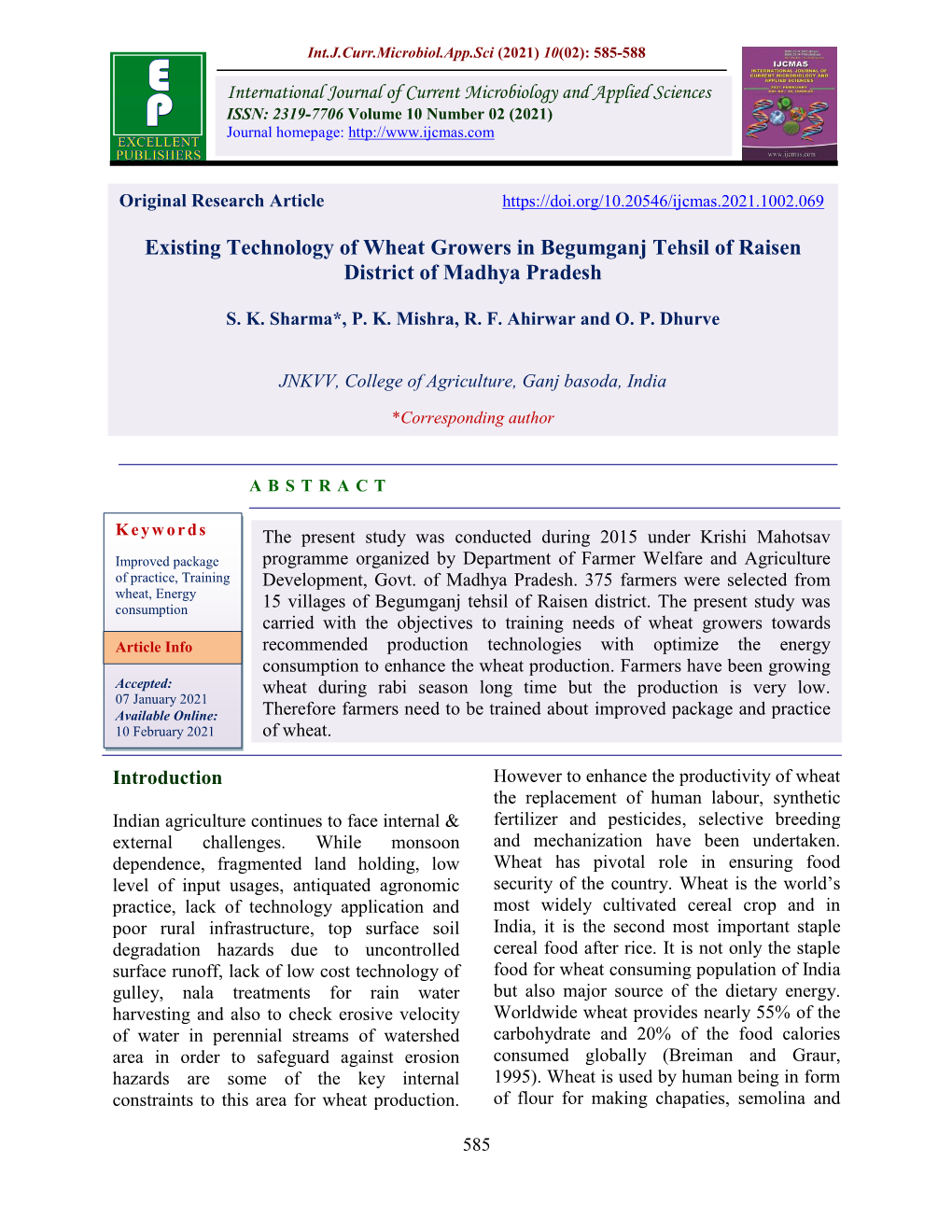 Existing Technology of Wheat Growers in Begumganj Tehsil of Raisen District of Madhya Pradesh