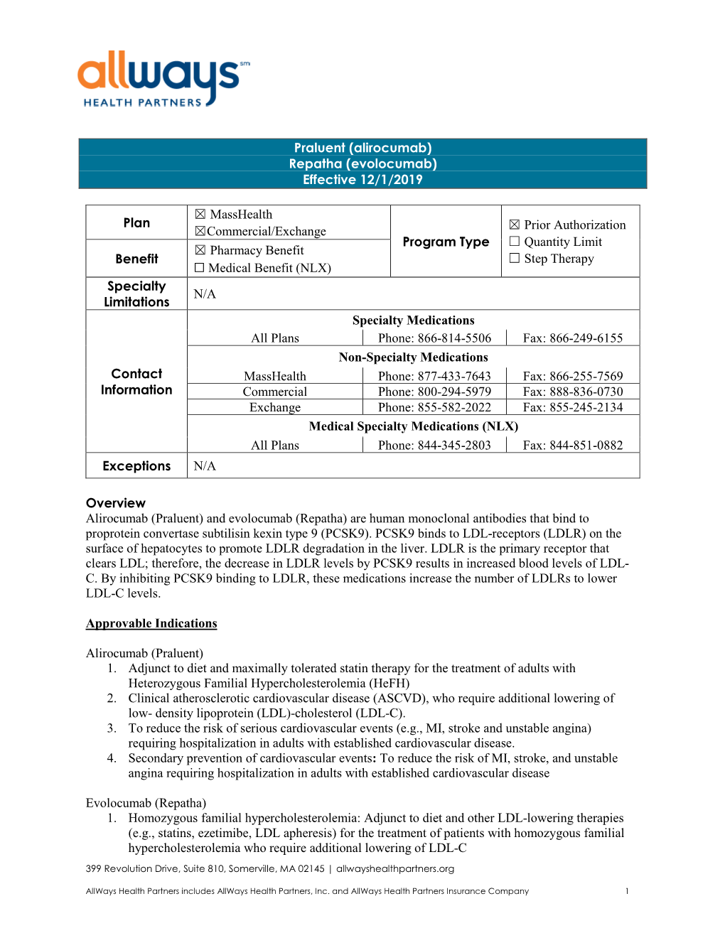 Praluent (Alirocumab) Repatha (Evolocumab) Effective 12/1/2019