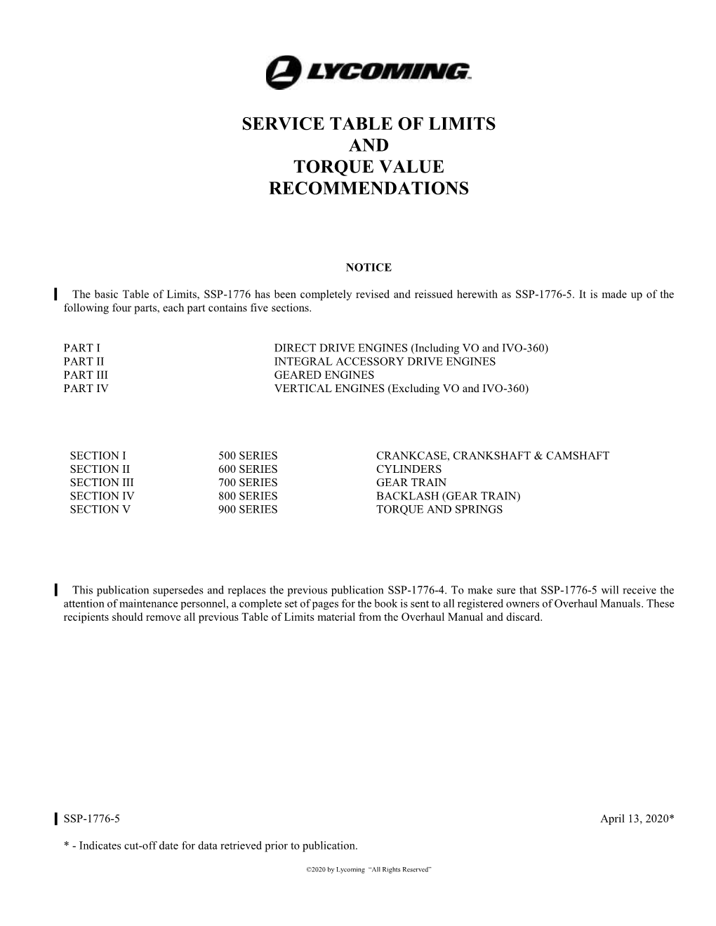 Service Table of Limits and Torque Value Recommendations