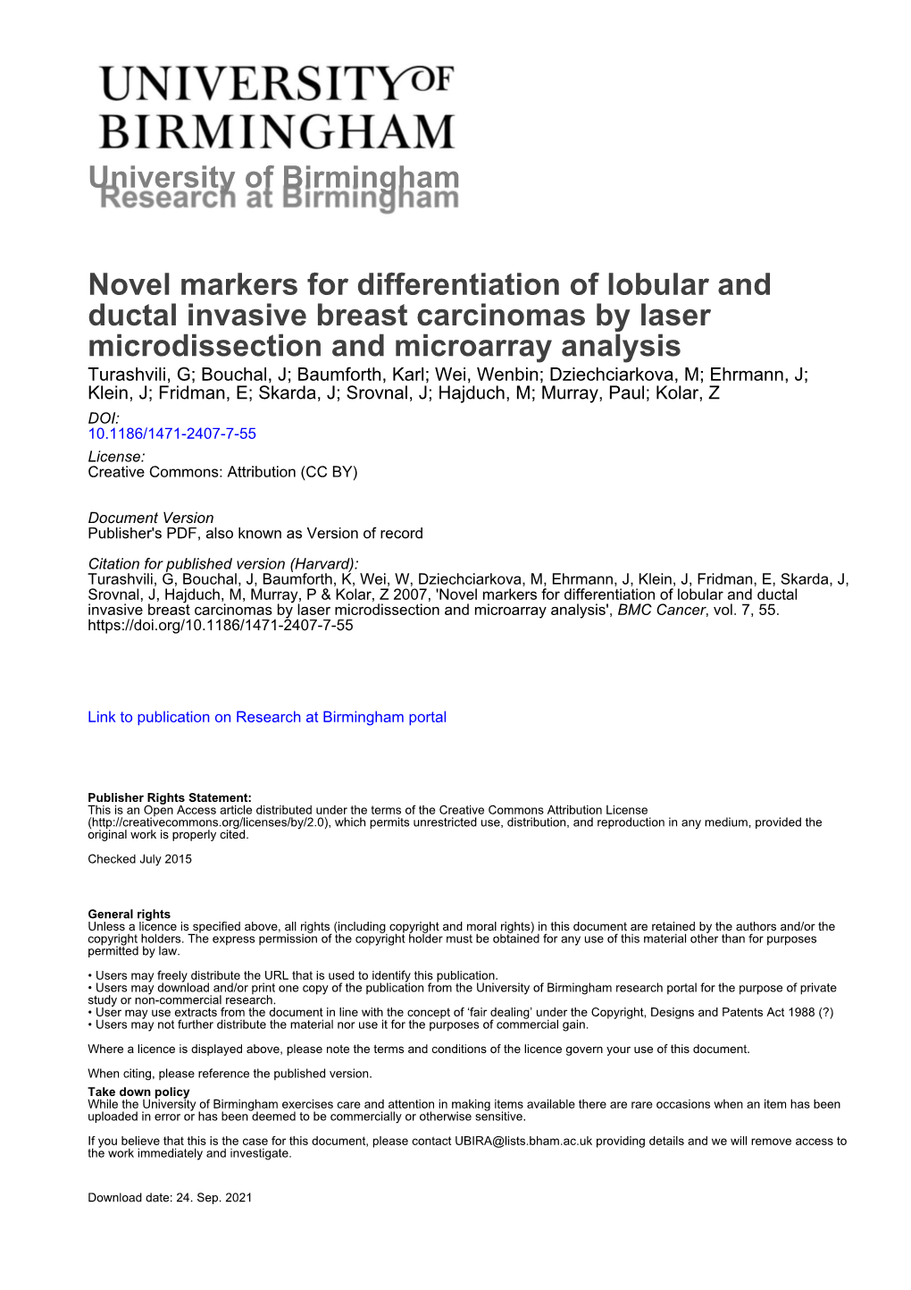 University of Birmingham Novel Markers for Differentiation of Lobular