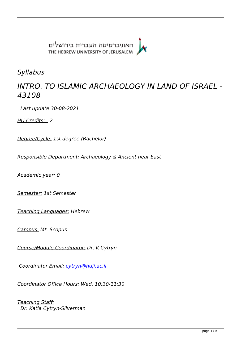 Syllabus INTRO. to ISLAMIC ARCHAEOLOGY in LAND of ISRAEL - 43108